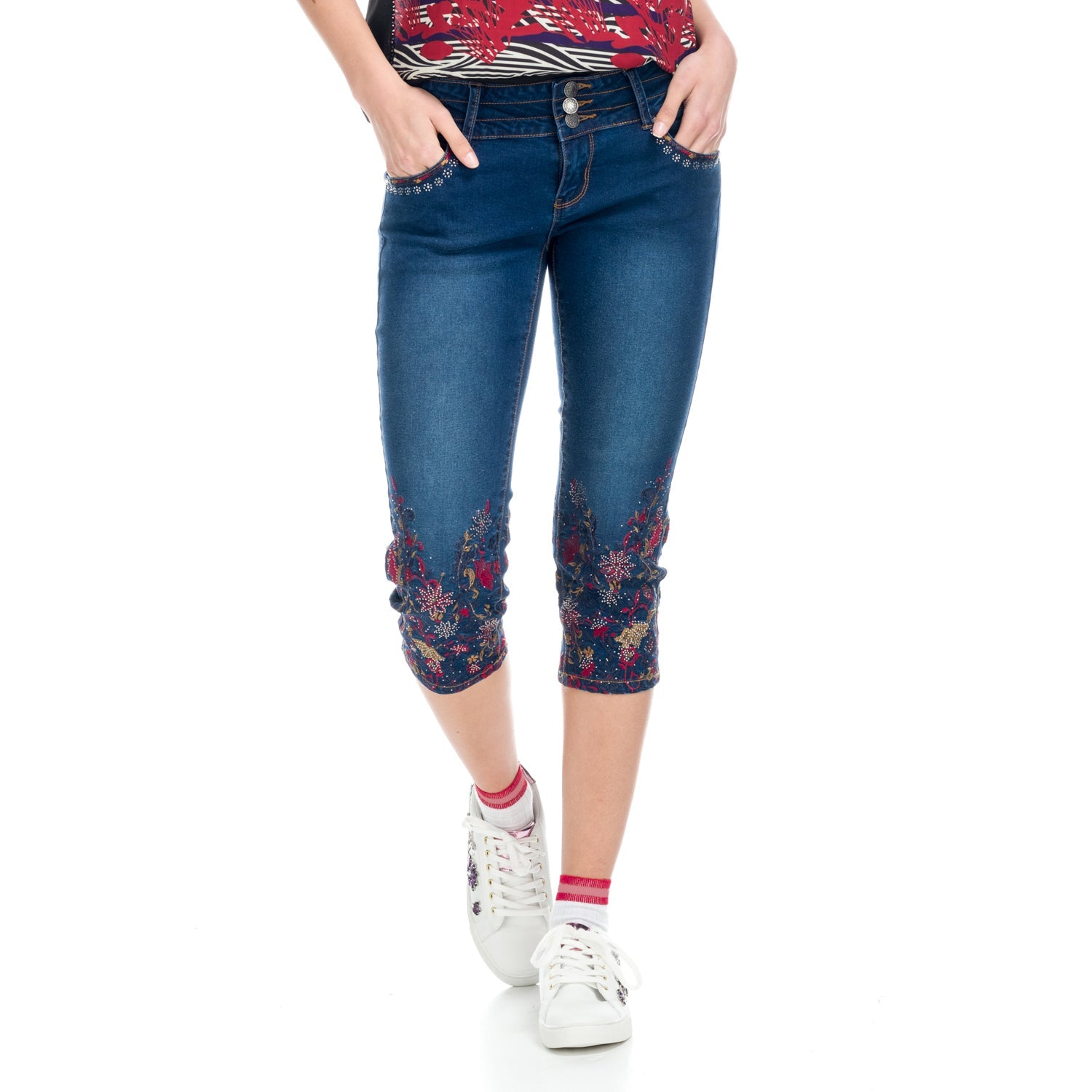 Pantalón Pirata Vaquero Mujer con Bordados Florales – Koroshi Azul Oscuro