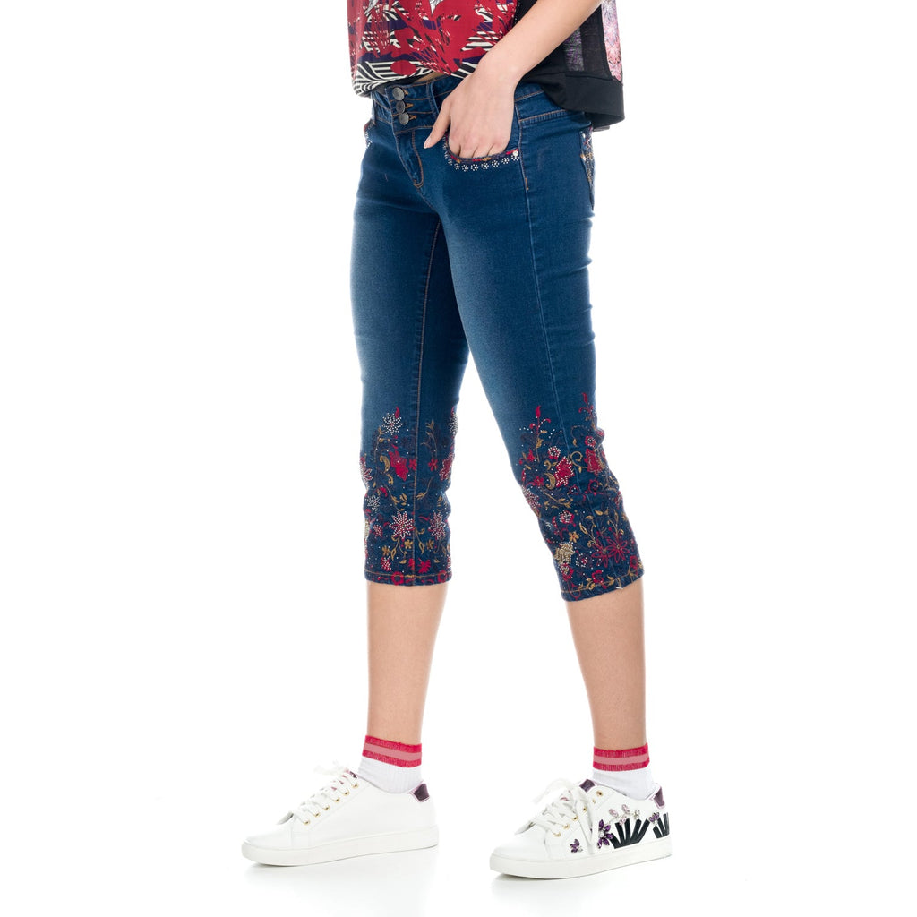 Pantalón Pirata Vaquero Mujer con Bordados Florales – Koroshi Azul Oscuro