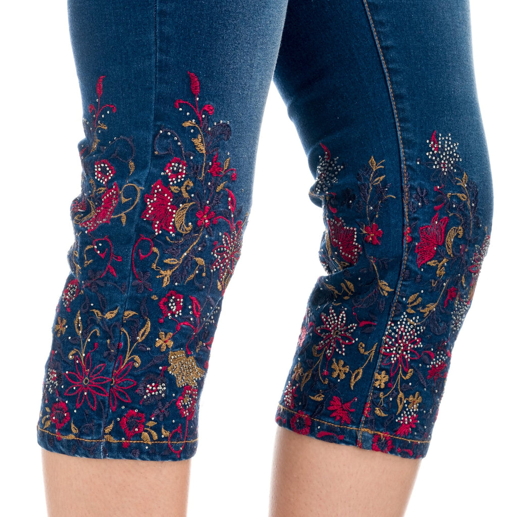 Pantalón Pirata Vaquero Mujer con Bordados Florales – Koroshi Azul Oscuro