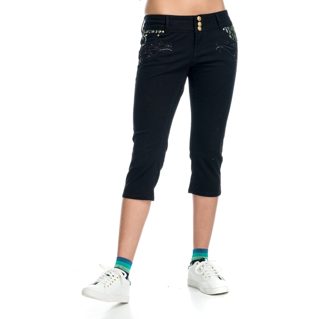 Pantalón Pirata Mujer con Pedrería Negro – Koroshi