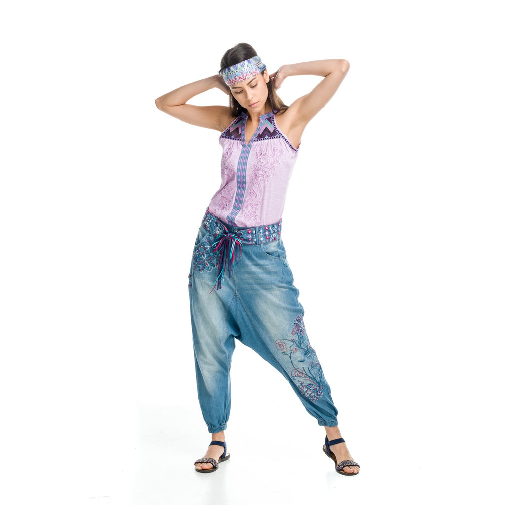 Pantalón Baggy Denim Mujer con Bordados Florales – Koroshi Azul Medio
