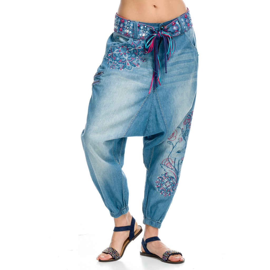 Pantalón Baggy Denim Mujer con Bordados Florales – Koroshi Azul Medio