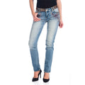 Pantalón Denim Recto Mujer con Bordados y Lentejuelas – Koroshi Azul Medio