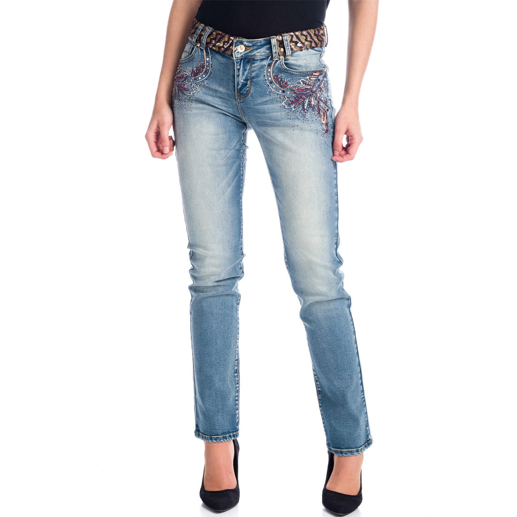 Pantalón Denim Recto Mujer con Bordados y Lentejuelas – Koroshi Azul Medio