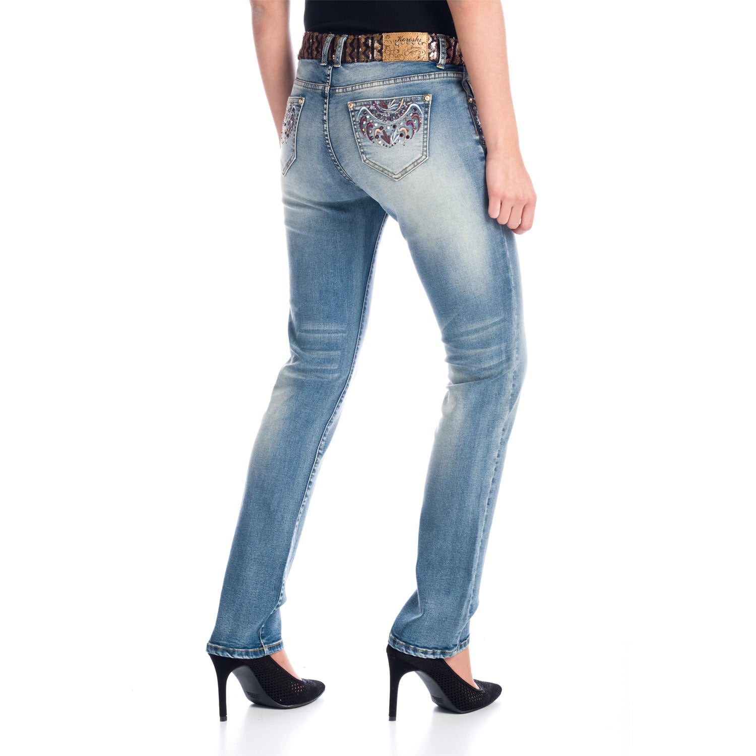 Pantalón Denim Recto Mujer con Bordados y Lentejuelas – Koroshi Azul Medio