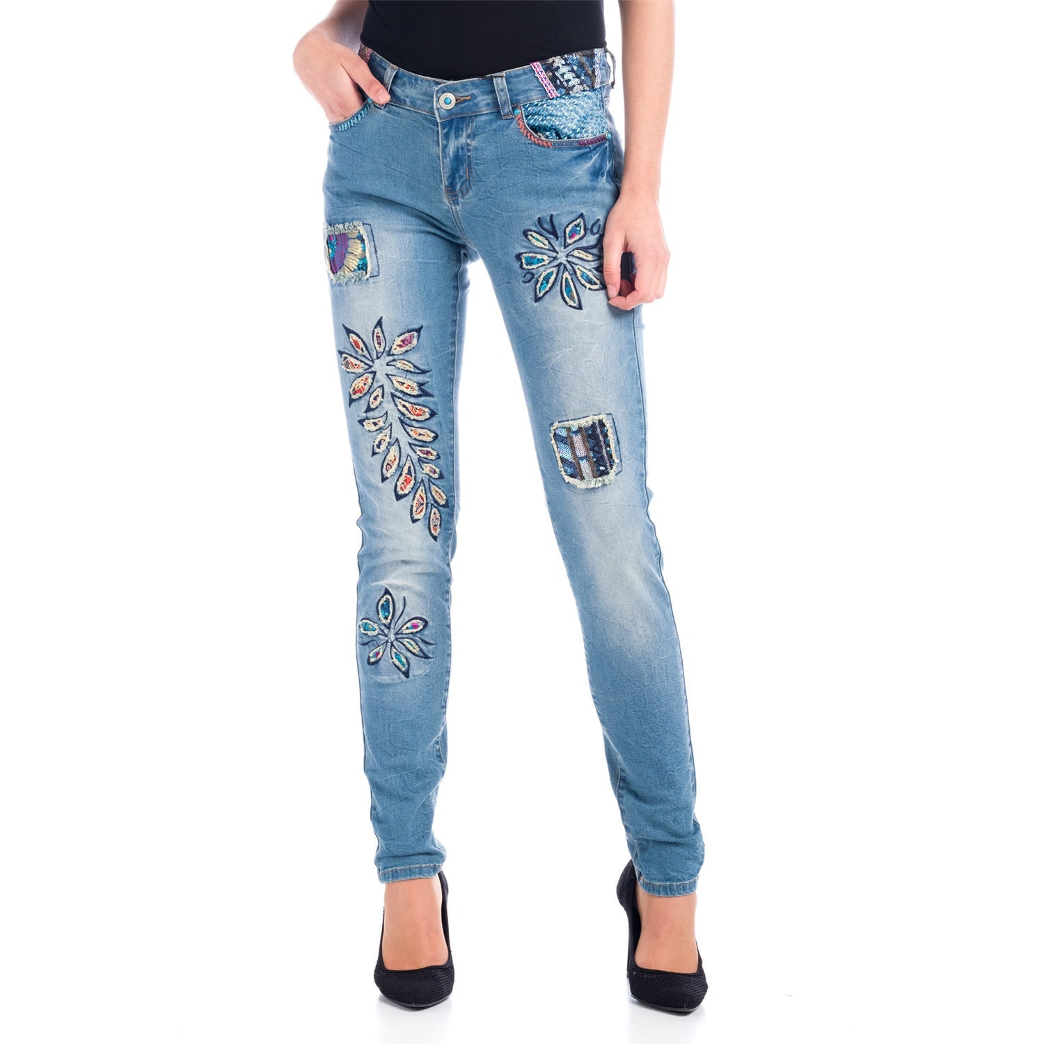 Pantalón Denim Pitillo Mujer con Flores Bordadas y Lentejuelas – Koroshi Azul Medio