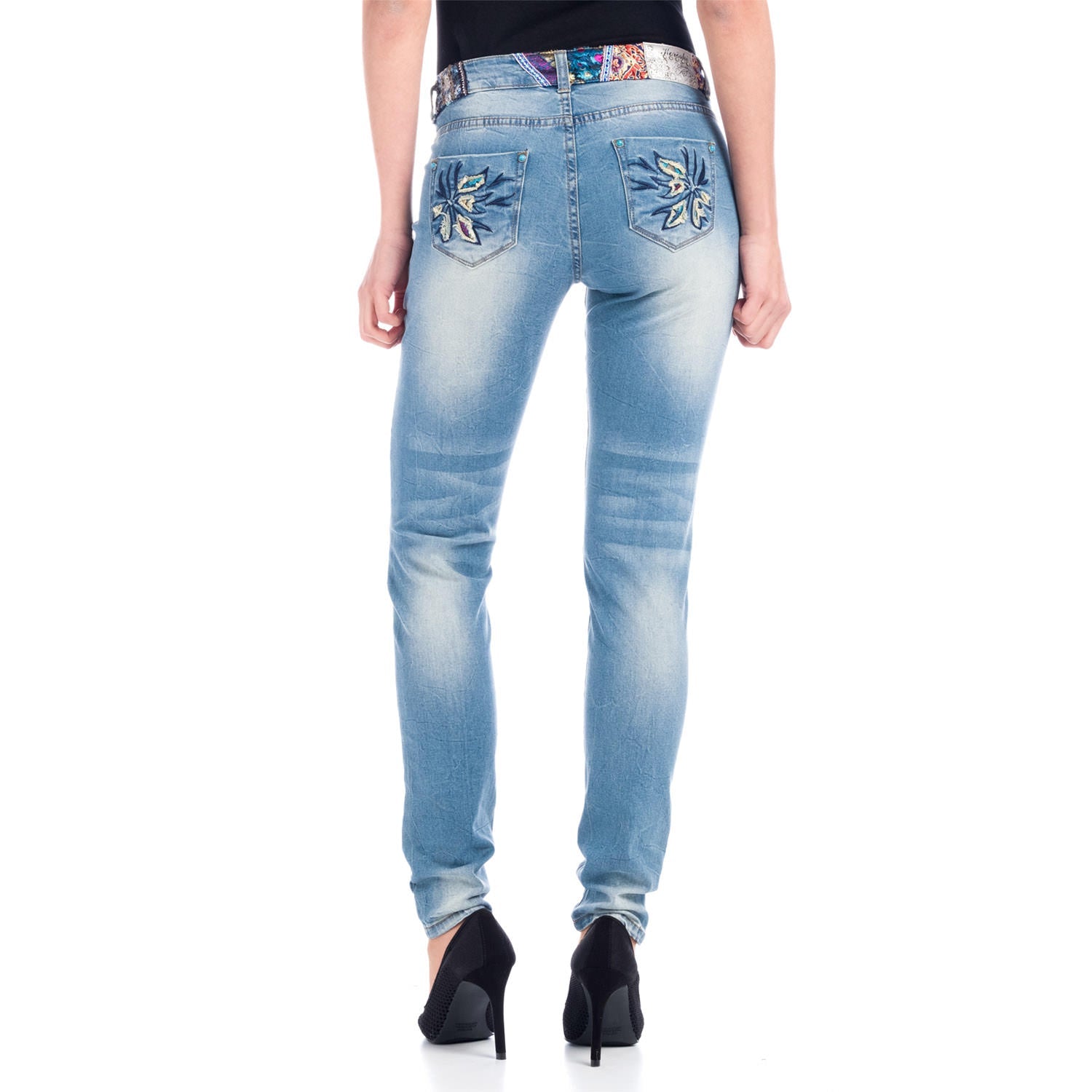 Pantalón Denim Pitillo Mujer con Flores Bordadas y Lentejuelas – Koroshi Azul Medio