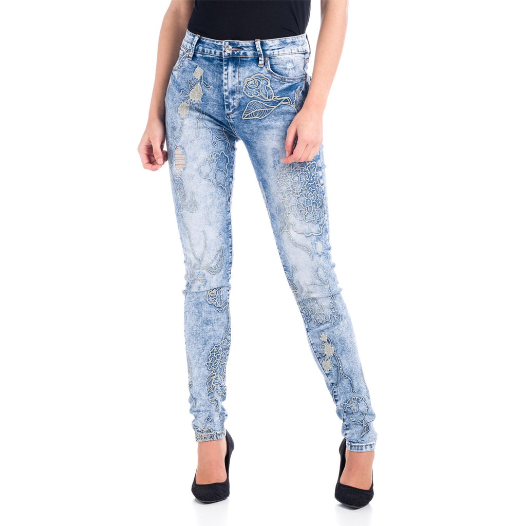 Pantalón Vaquero Pitillo Tiro Alto Mujer Flores Bordadas – Koroshi Azul Medio