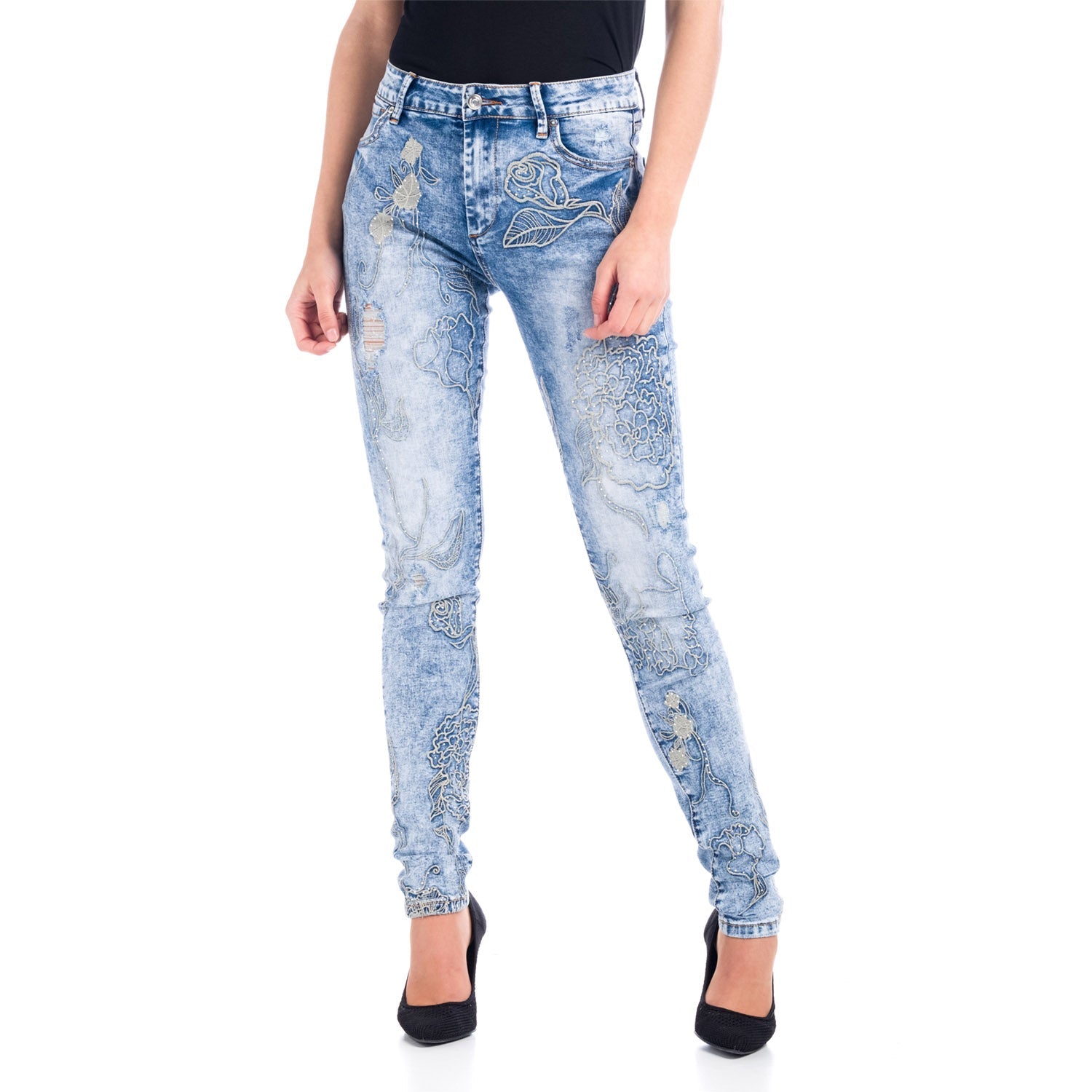 Pantalón Vaquero Pitillo Tiro Alto Mujer Flores Bordadas – Koroshi Azul Medio