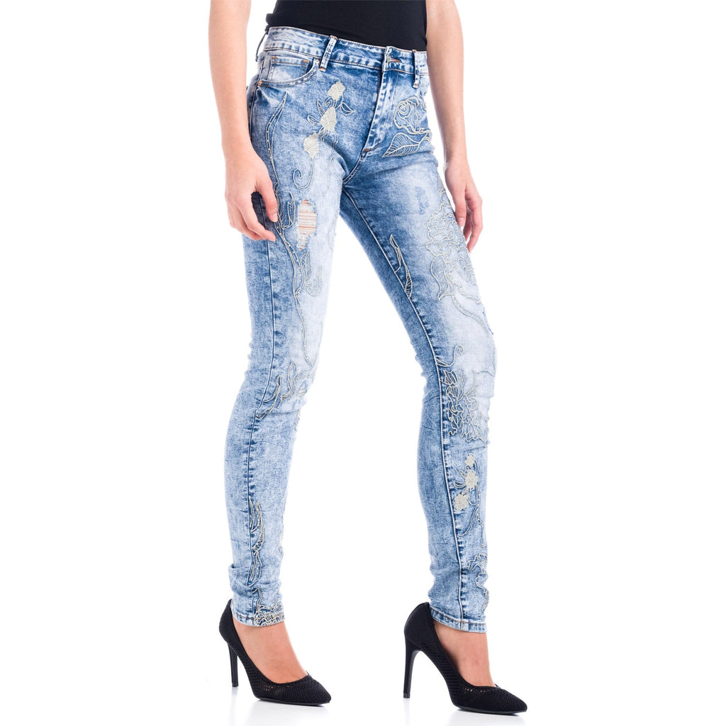 Pantalón Vaquero Pitillo Tiro Alto Mujer Flores Bordadas – Koroshi Azul Medio