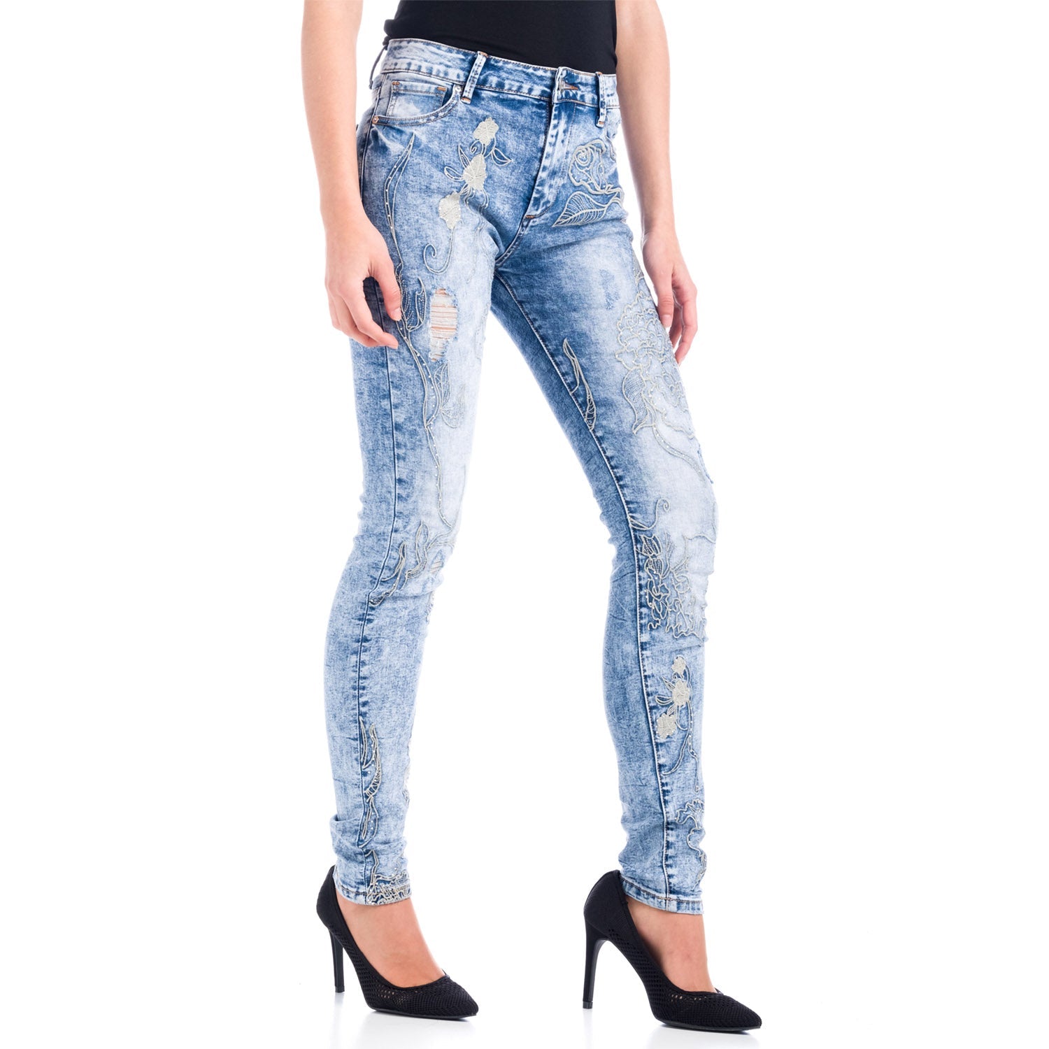Pantalón Vaquero Pitillo Tiro Alto Mujer Flores Bordadas – Koroshi Azul Medio