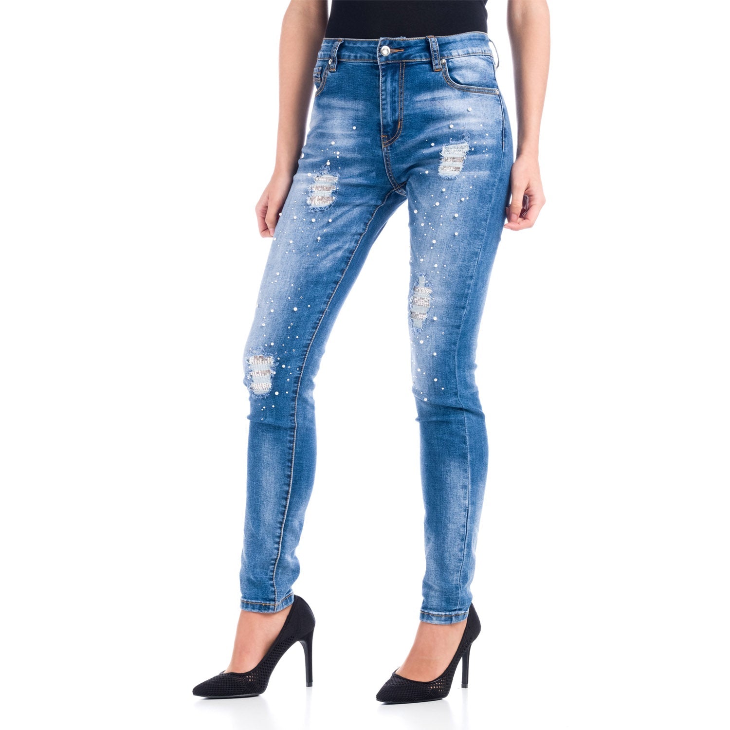 Pantalón Vaquero Pitillo Tiro Alto Mujer con Perlas – Koroshi Azul Medio