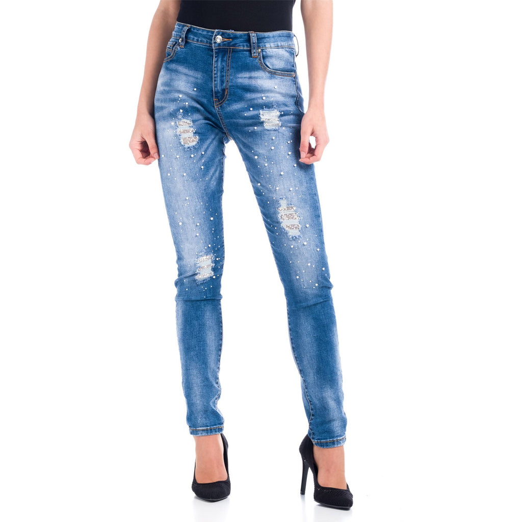 Pantalón Vaquero Pitillo Tiro Alto Mujer con Perlas – Koroshi Azul Medio