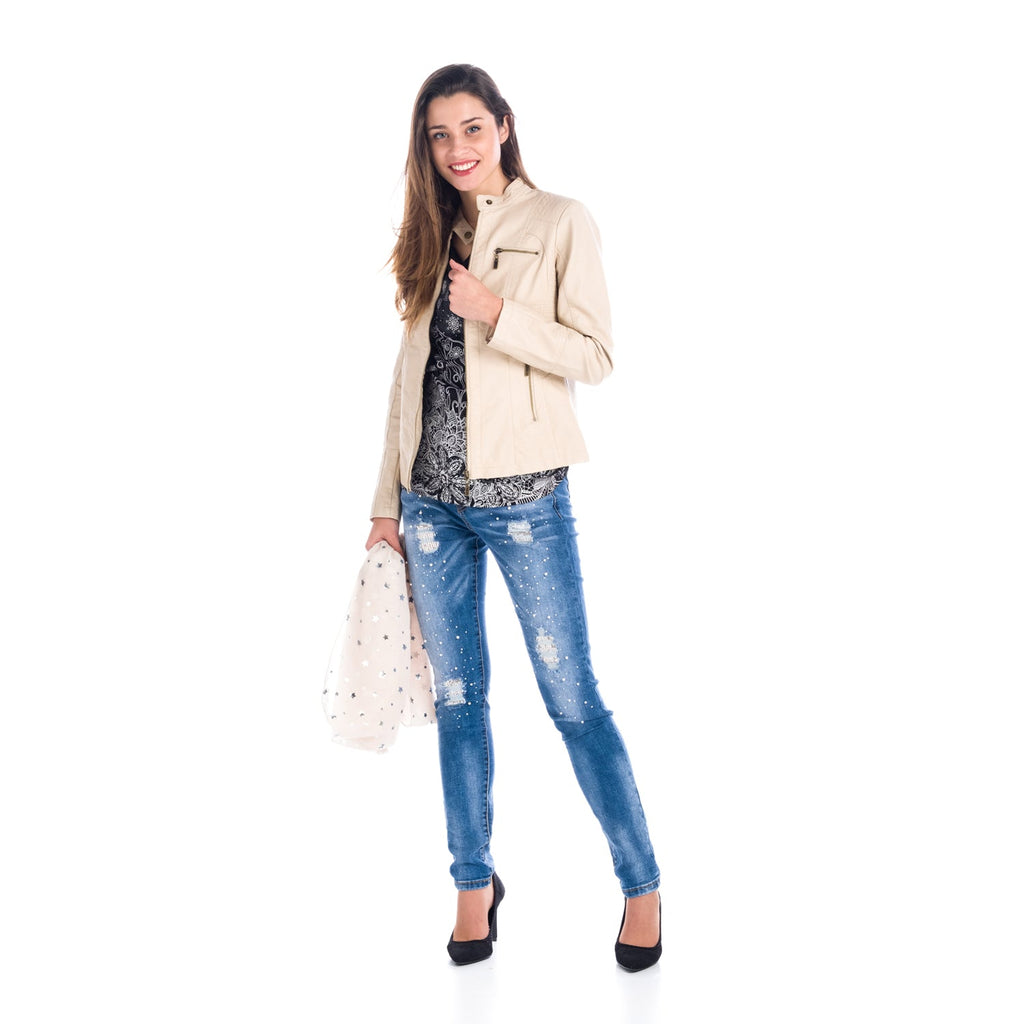 Pantalón Vaquero Pitillo Tiro Alto Mujer con Perlas – Koroshi Azul Medio
