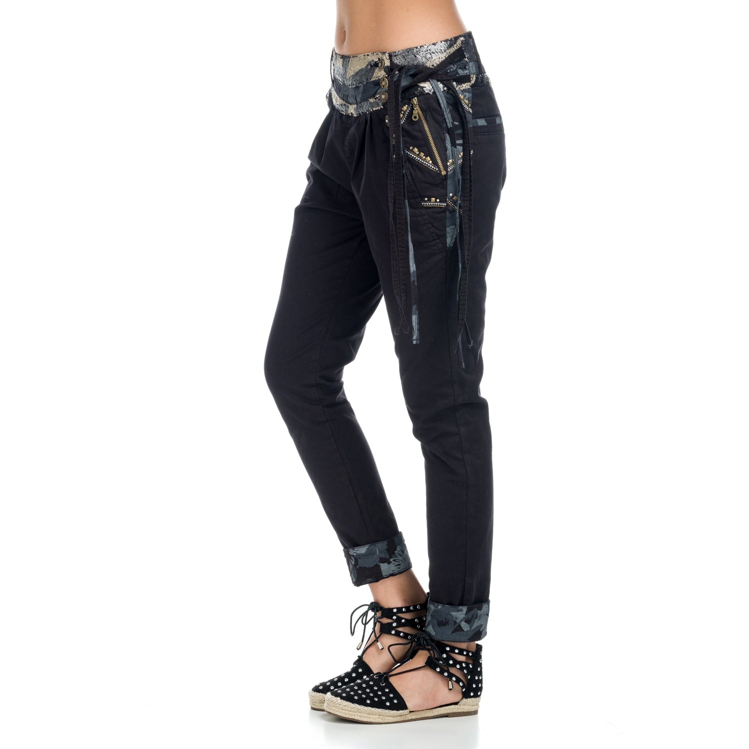 Pantalón Semibaggy Mujer Cintura Estampada con Lentejuelas – Koroshi Negro