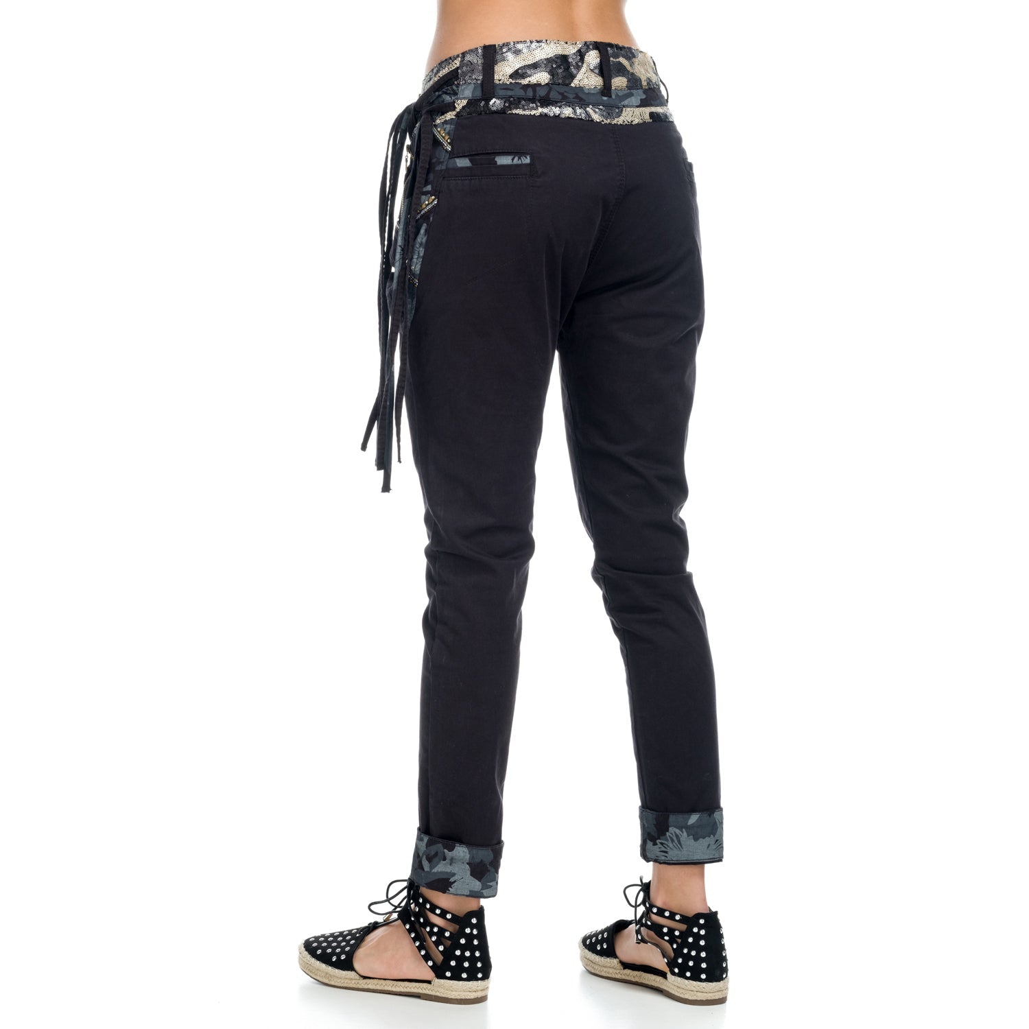 Pantalón Semibaggy Mujer Cintura Estampada con Lentejuelas – Koroshi Negro