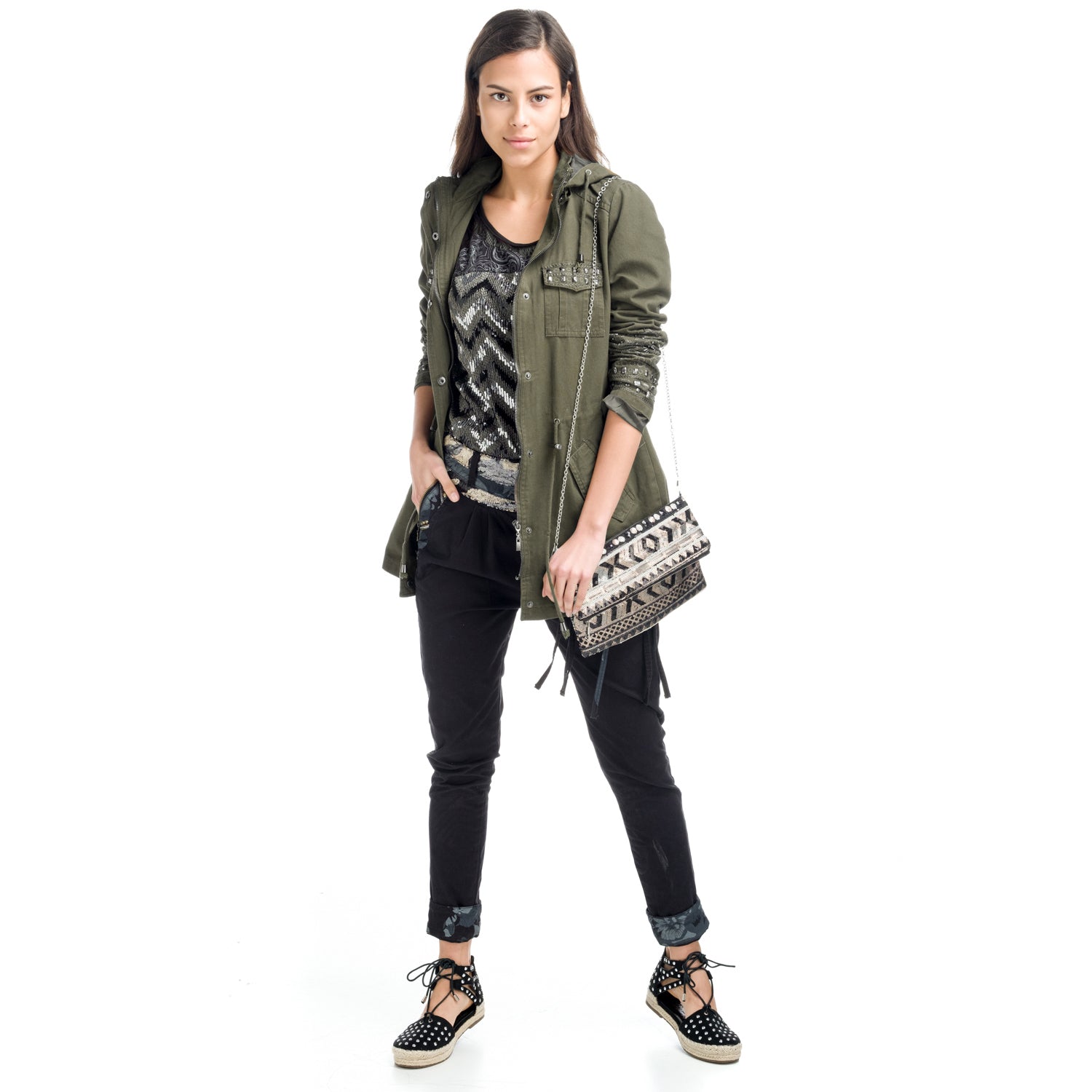 Pantalón Semibaggy Mujer Cintura Estampada con Lentejuelas – Koroshi Negro