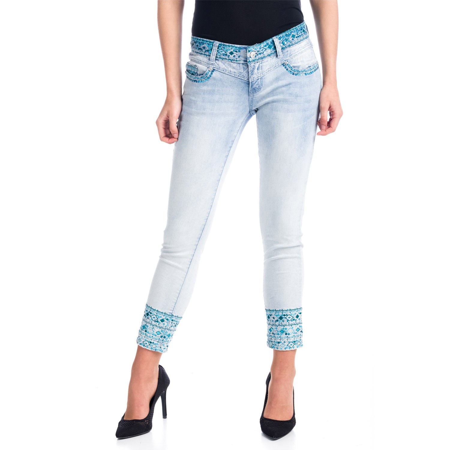 Pantalón Vaquero Pitillo Bordado Mujer – Koroshi Bleach