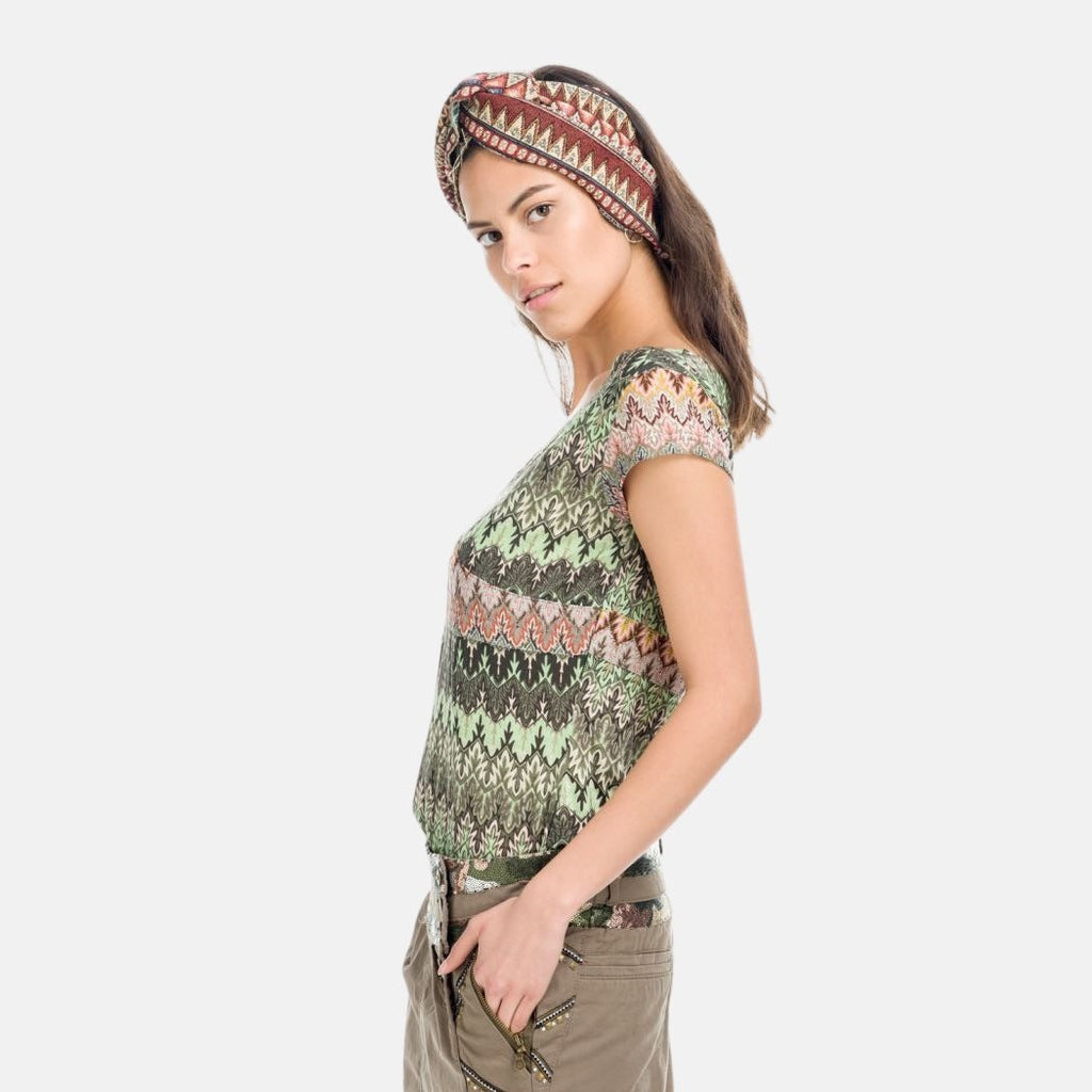 Top Manga Corta Mujer Cuello Pico Estampado Zigzag – Koroshi 1812TP31