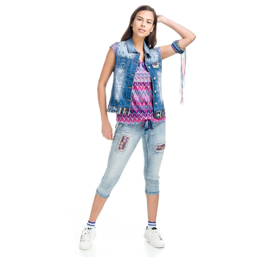 Top Manga Corta Mujer Cuello Pico Estampado Zigzag – Koroshi 1812TP31