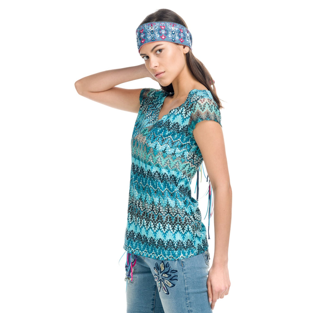 Top Manga Corta Mujer Cuello Pico Estampado Zigzag – Koroshi 1812TP31