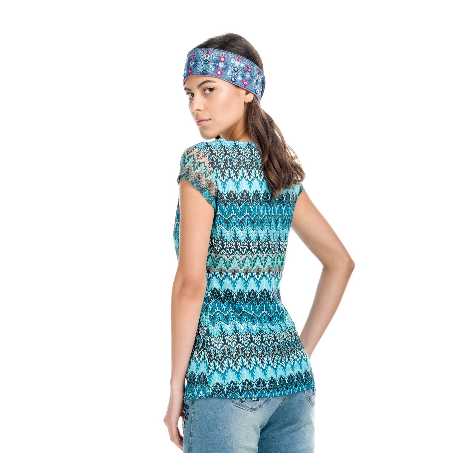 Top Manga Corta Mujer Cuello Pico Estampado Zigzag – Koroshi 1812TP31