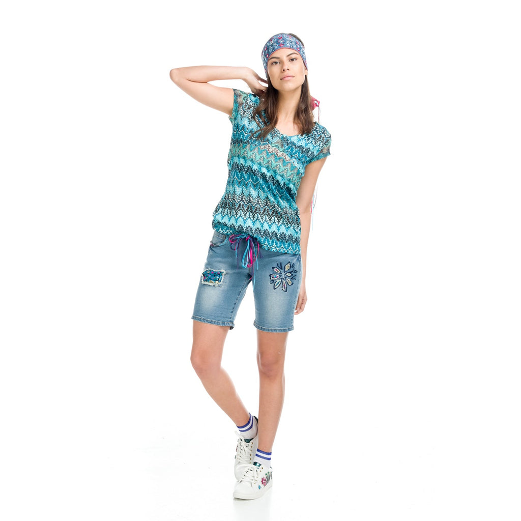 Top Manga Corta Mujer Cuello Pico Estampado Zigzag – Koroshi 1812TP31