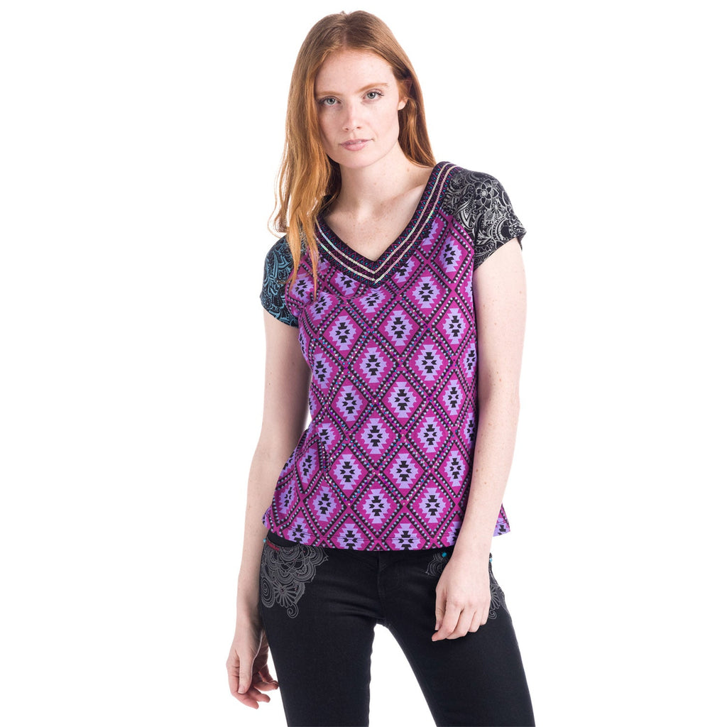 Top Manga Corta Mujer Estampado Geométrico Cuello Pico – Koroshi Morado