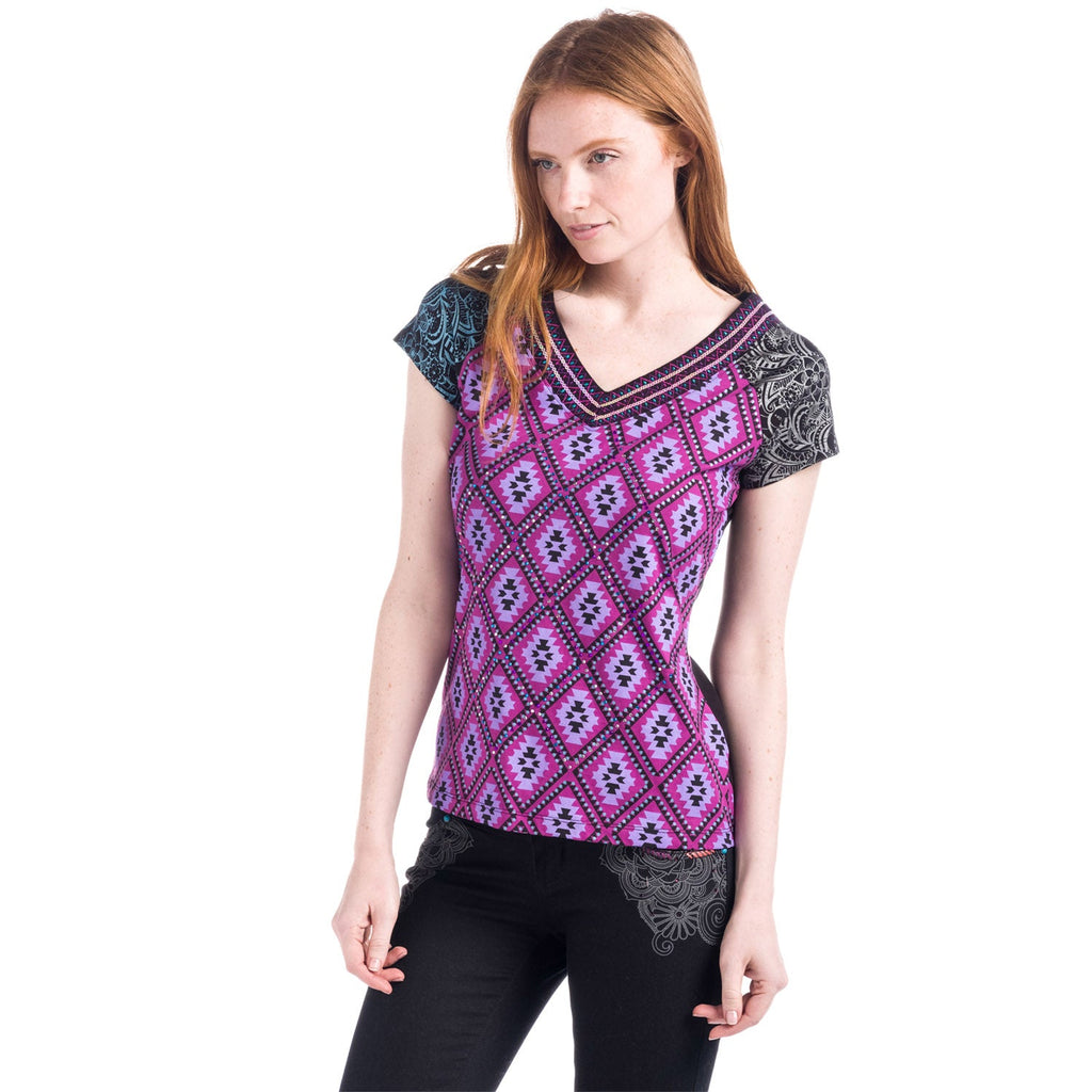 Top Manga Corta Mujer Estampado Geométrico Cuello Pico – Koroshi Morado