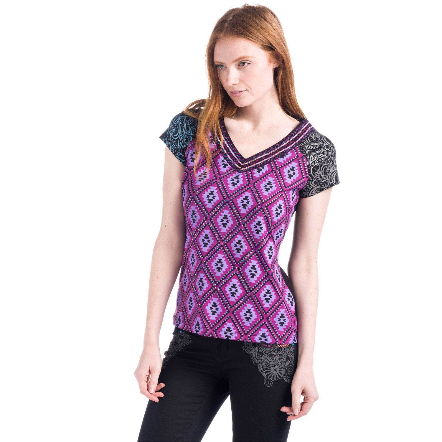 Top Manga Corta Mujer Estampado Geométrico Cuello Pico – Koroshi Morado