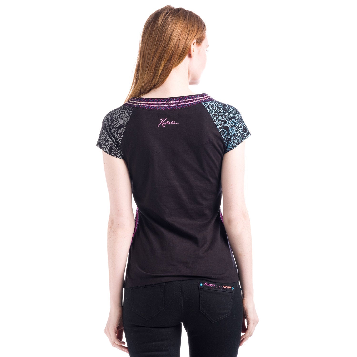 Top Manga Corta Mujer Estampado Geométrico Cuello Pico – Koroshi Morado