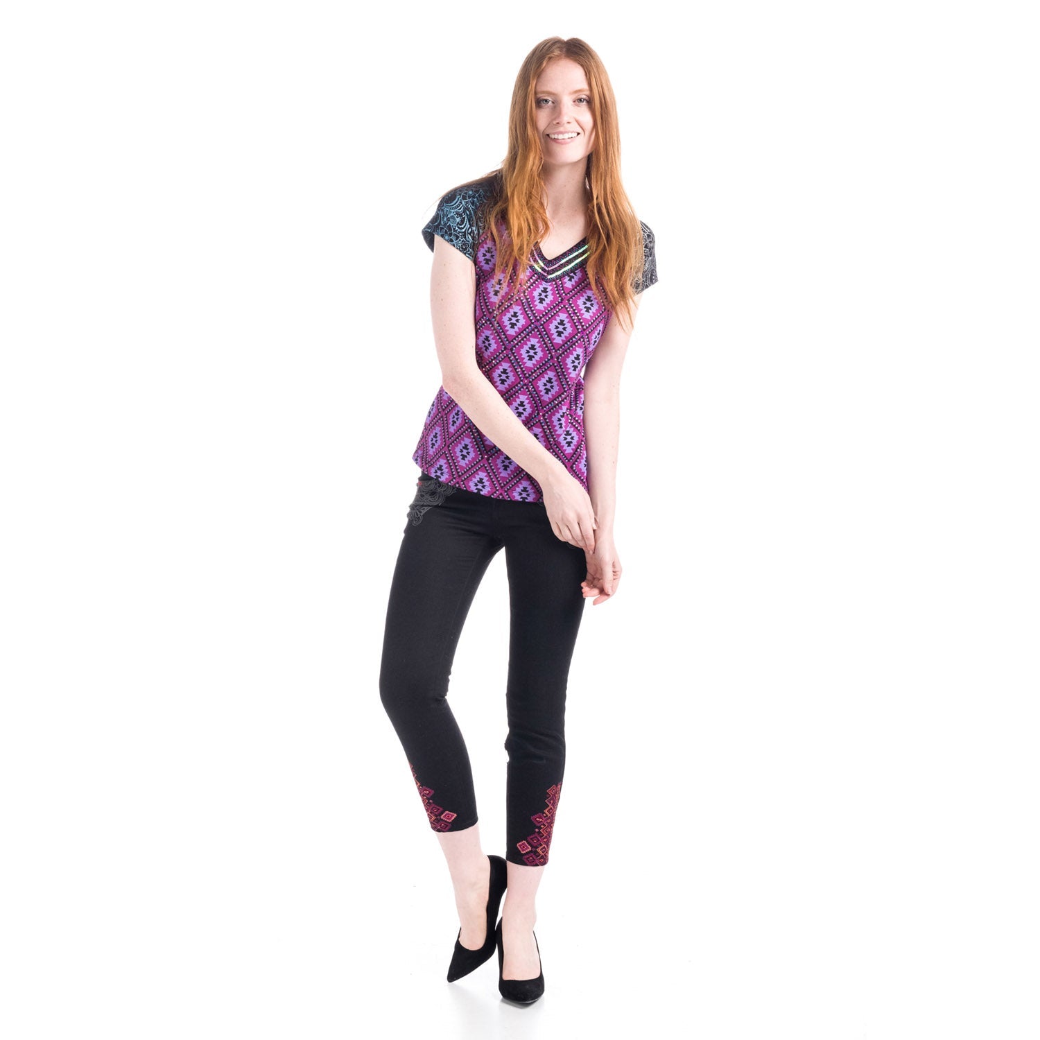 Top Manga Corta Mujer Estampado Geométrico Cuello Pico – Koroshi Morado