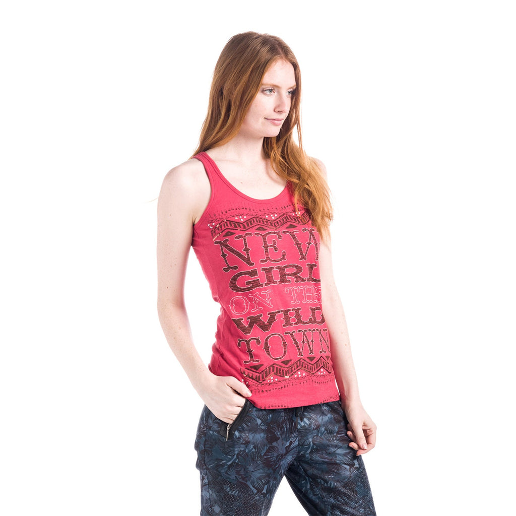 Camiseta Tirantes Mujer Algodón Maxi Texto Estampado – Koroshi Coral Oscuro