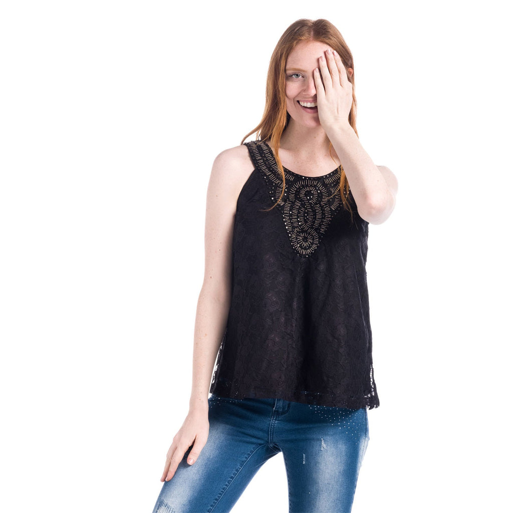 Top de Encaje Mujer Sin Mangas con Abalorios – Koroshi Negro