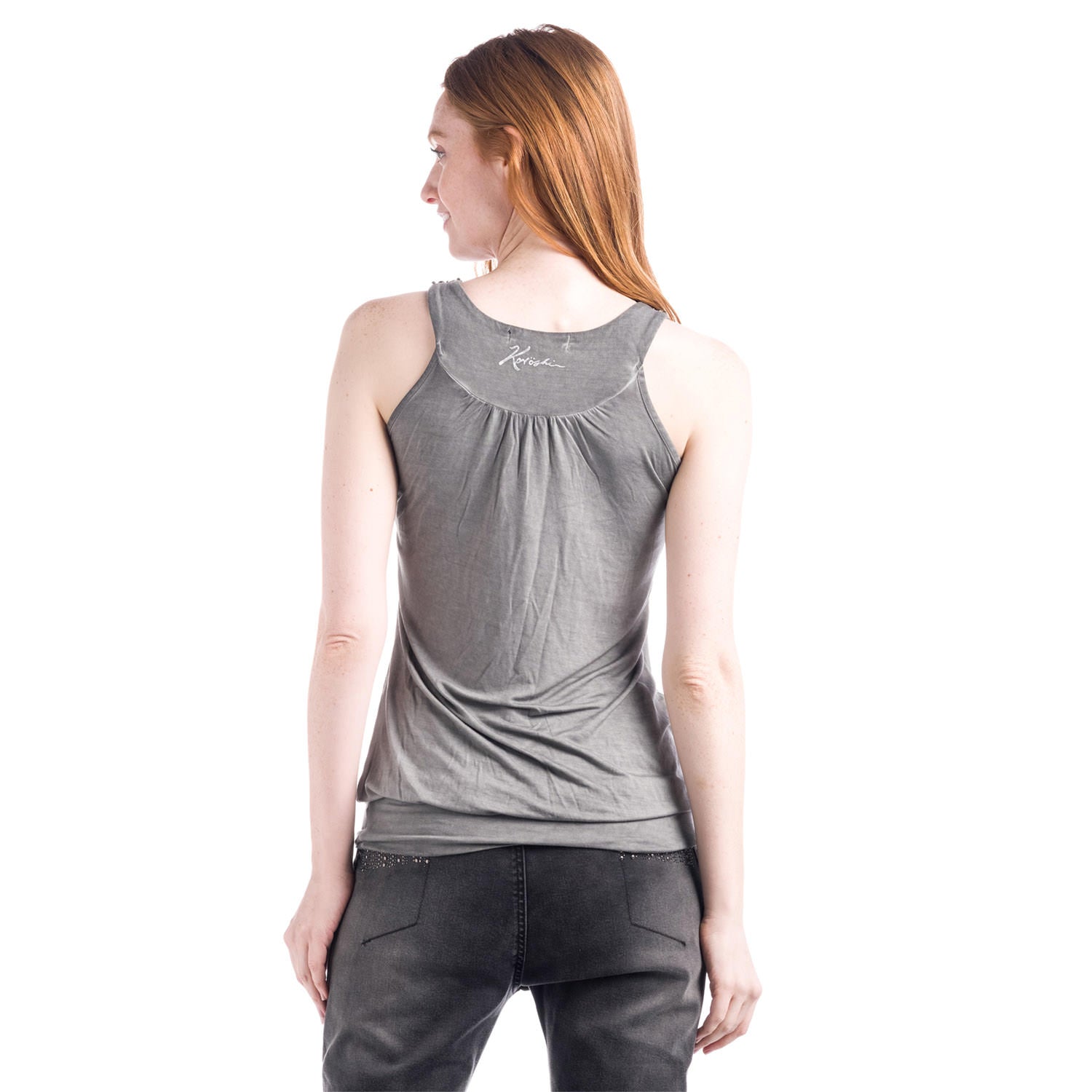 Top Mujer con Cuello de Abalorios y Bajo Elástico – Koroshi Gris