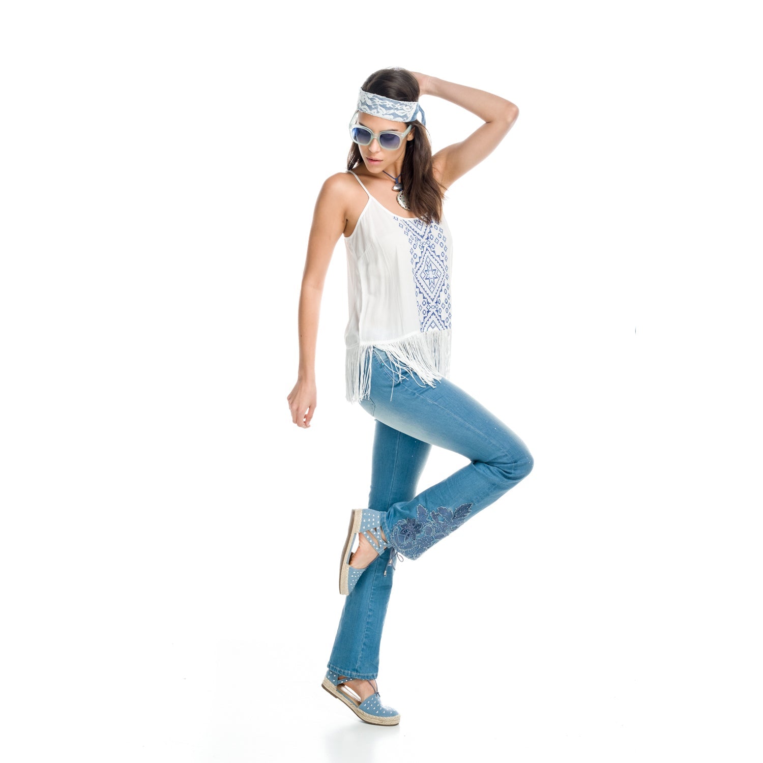 Top de Tirantes Mujer con Bordado Étnico y Flecos – Koroshi 1812TP96
