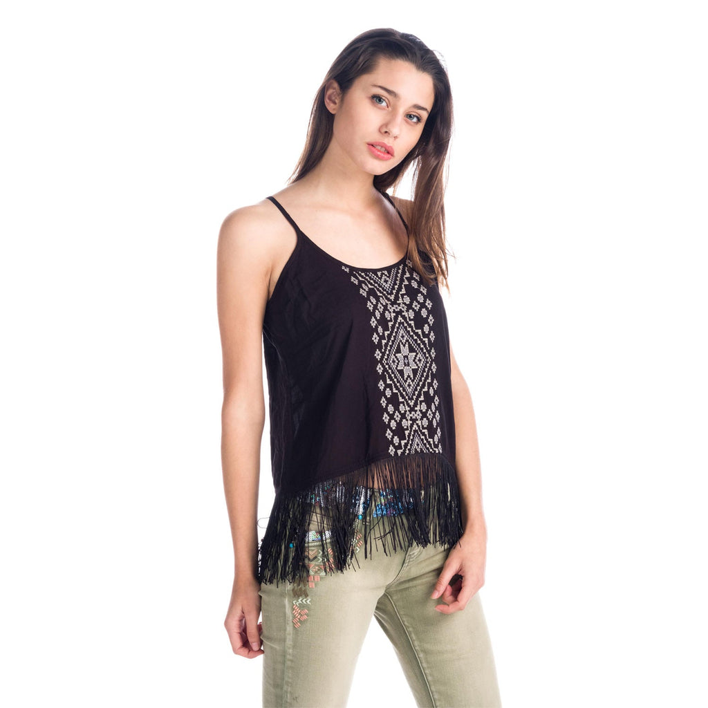 Top de Tirantes Mujer con Bordado Étnico y Flecos – Koroshi 1812TP96