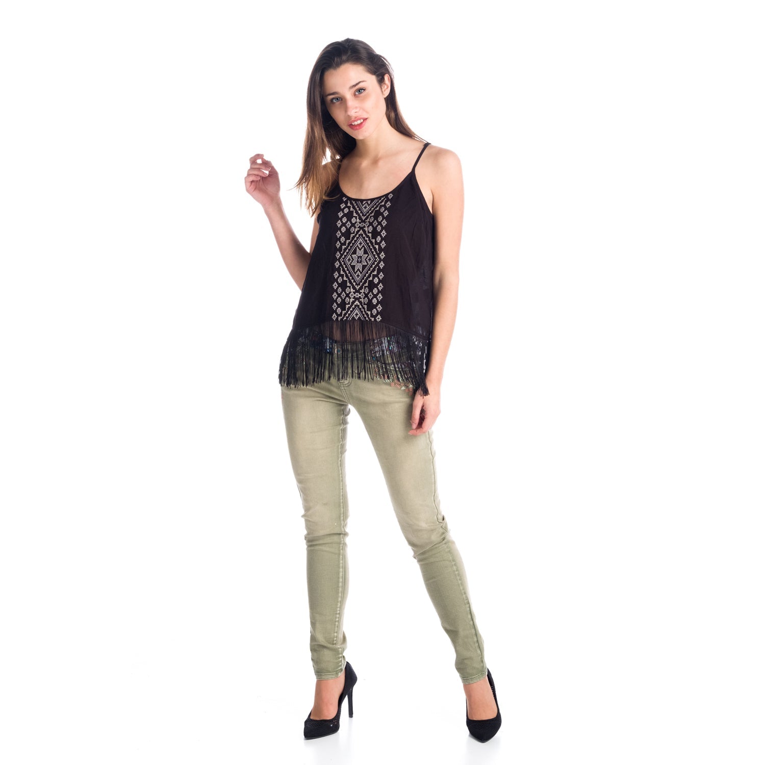 Top de Tirantes Mujer con Bordado Étnico y Flecos – Koroshi 1812TP96