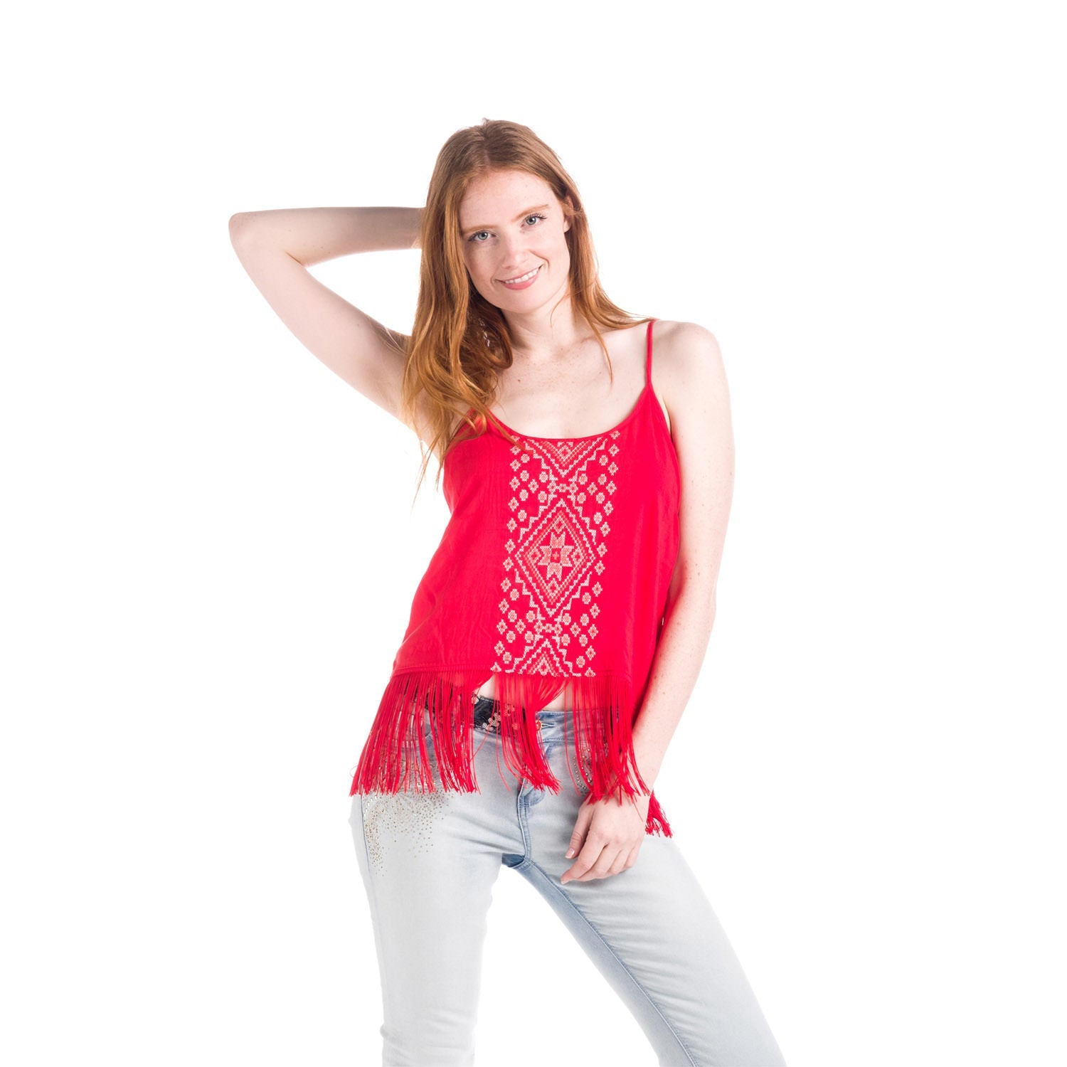 Top de Tirantes Mujer con Bordado Étnico y Flecos – Koroshi 1812TP96