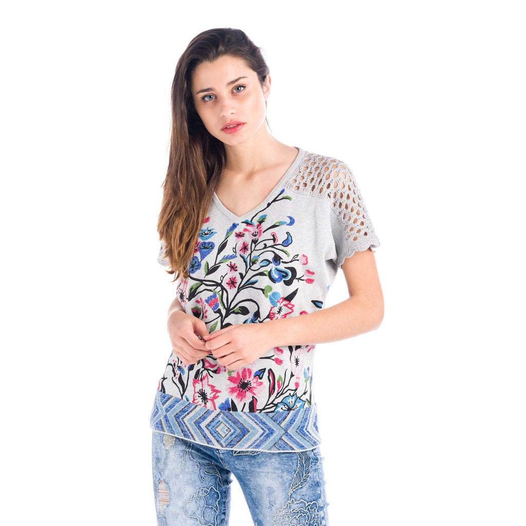 Jersey Tricot Mujer Estampado Floral y Espalda Calada – Koroshi Gris Perla