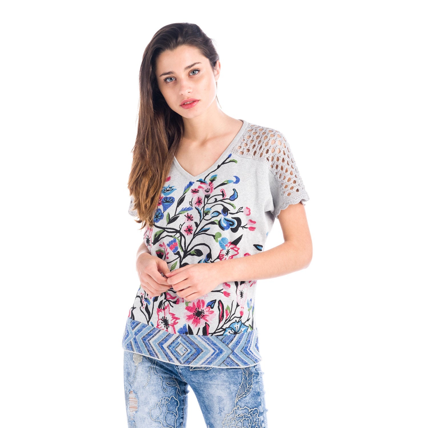 Jersey Tricot Mujer Estampado Floral y Espalda Calada – Koroshi Gris Perla