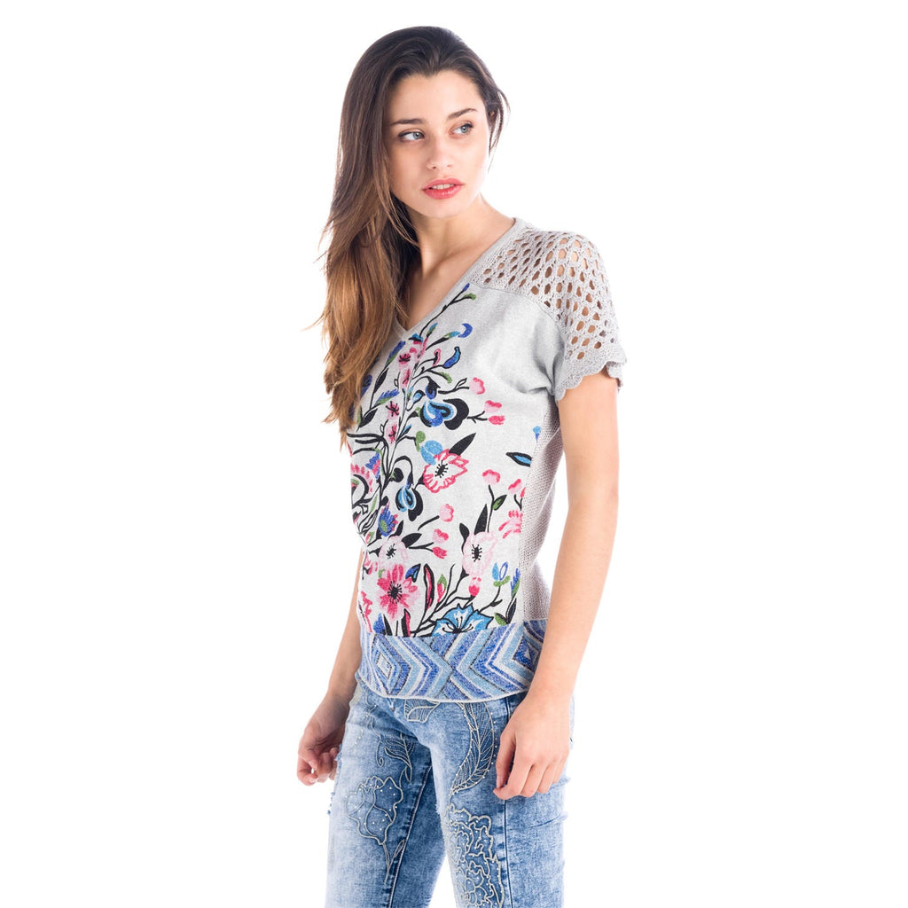 Jersey Tricot Mujer Estampado Floral y Espalda Calada – Koroshi Gris Perla