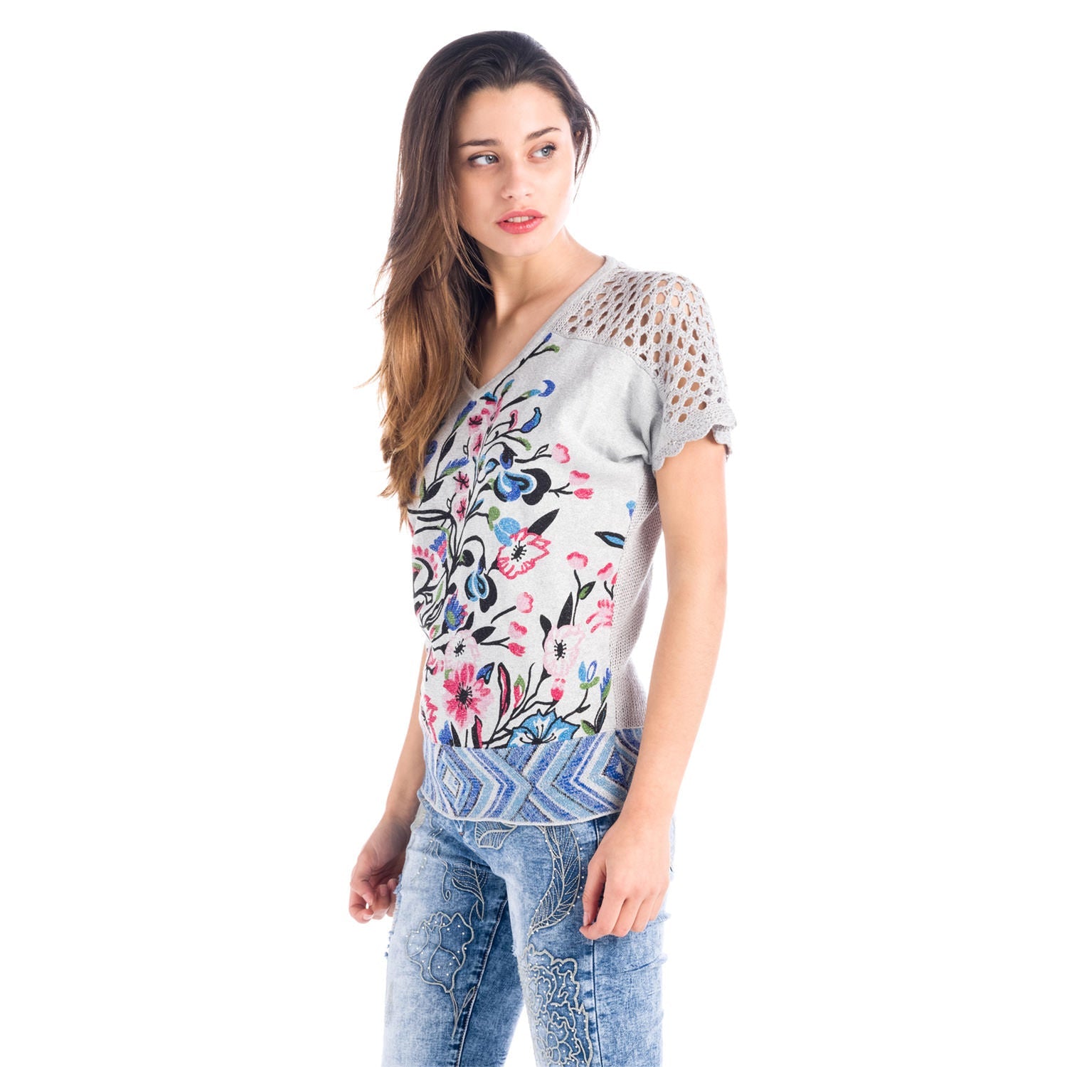 Jersey Tricot Mujer Estampado Floral y Espalda Calada – Koroshi Gris Perla