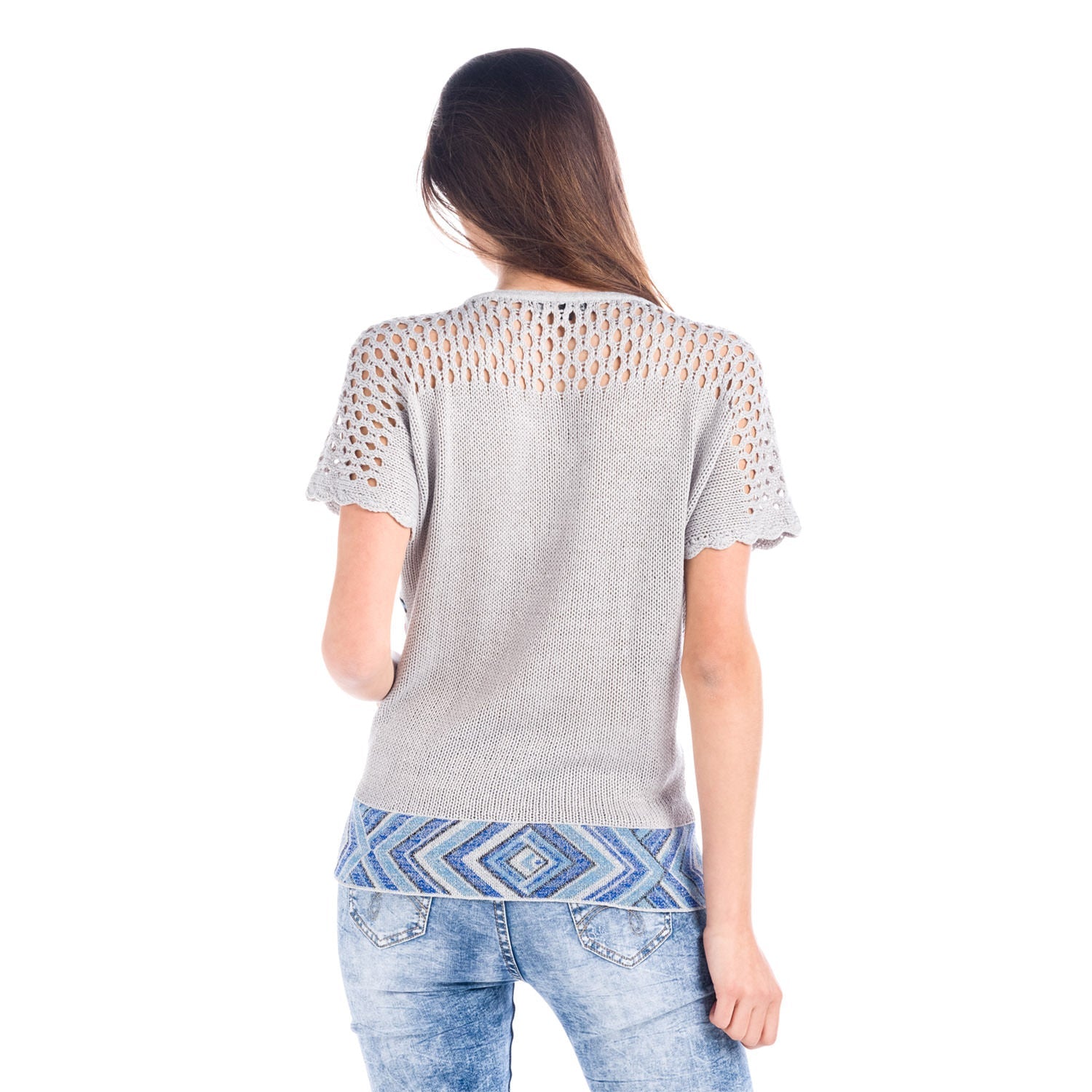 Jersey Tricot Mujer Estampado Floral y Espalda Calada – Koroshi Gris Perla