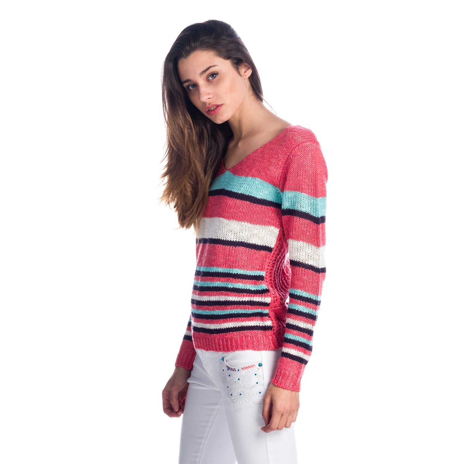 Jersey Tricot Mujer de Rayas Multicolor con Espalda Calada – Koroshi Coral