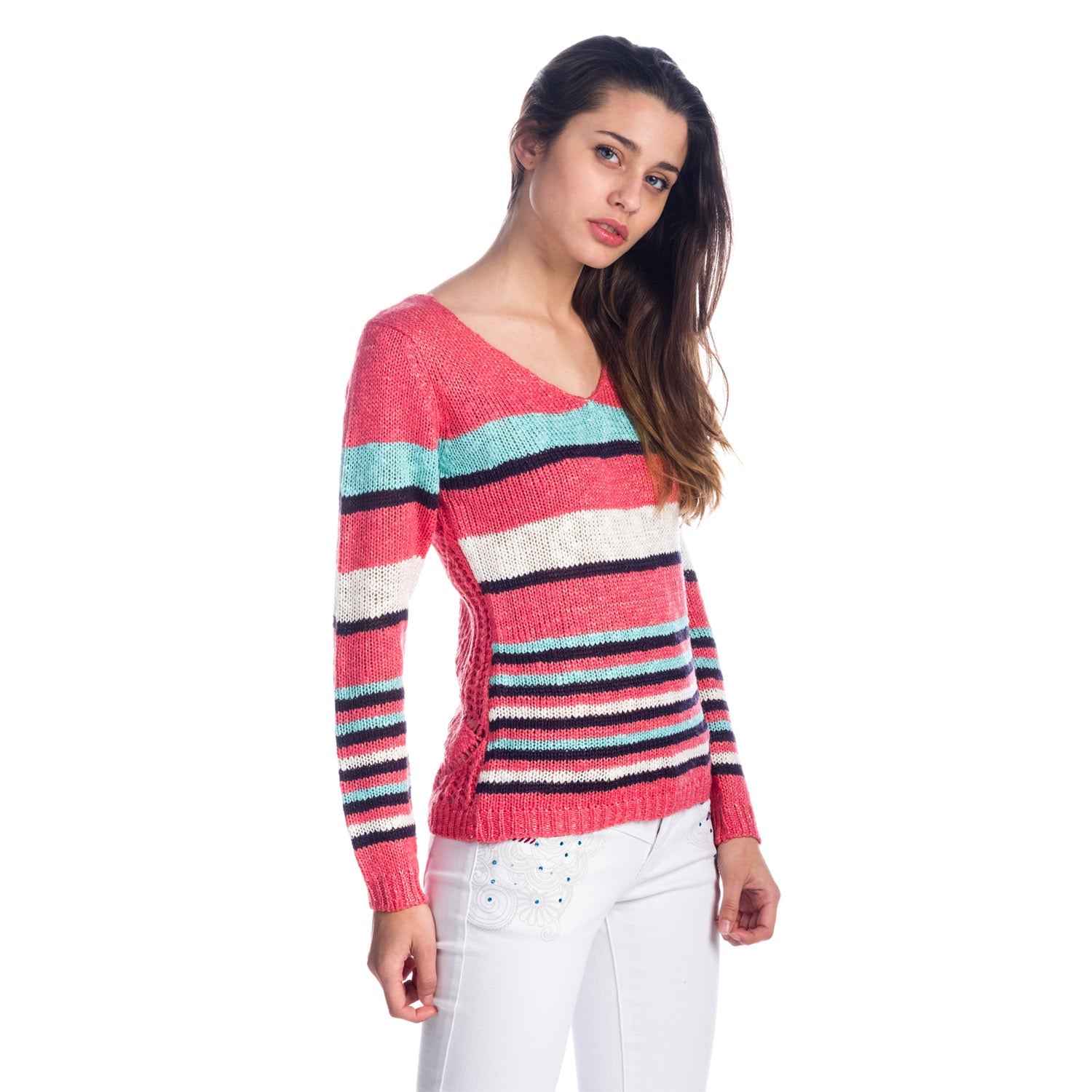 Jersey Tricot Mujer de Rayas Multicolor con Espalda Calada – Koroshi Coral