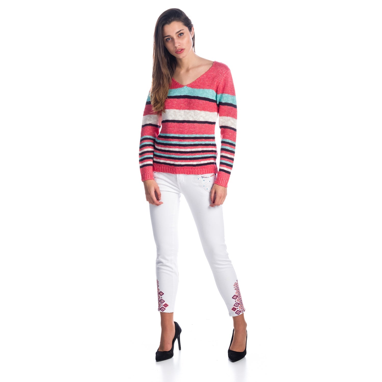 Jersey Tricot Mujer de Rayas Multicolor con Espalda Calada – Koroshi Coral