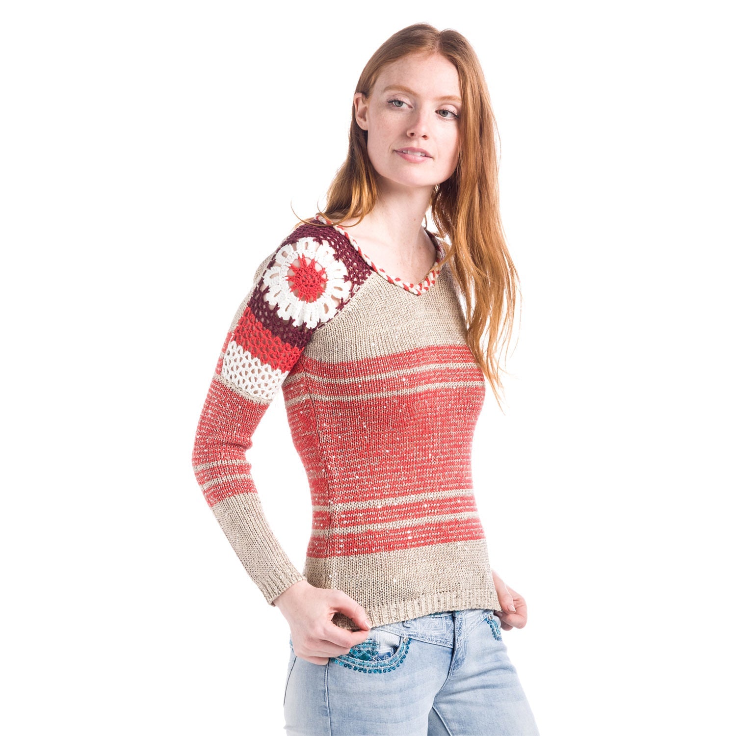 Jersey Tricot Fantasía Mujer con Crochet Floral y Lentejuelas – Koroshi Beige