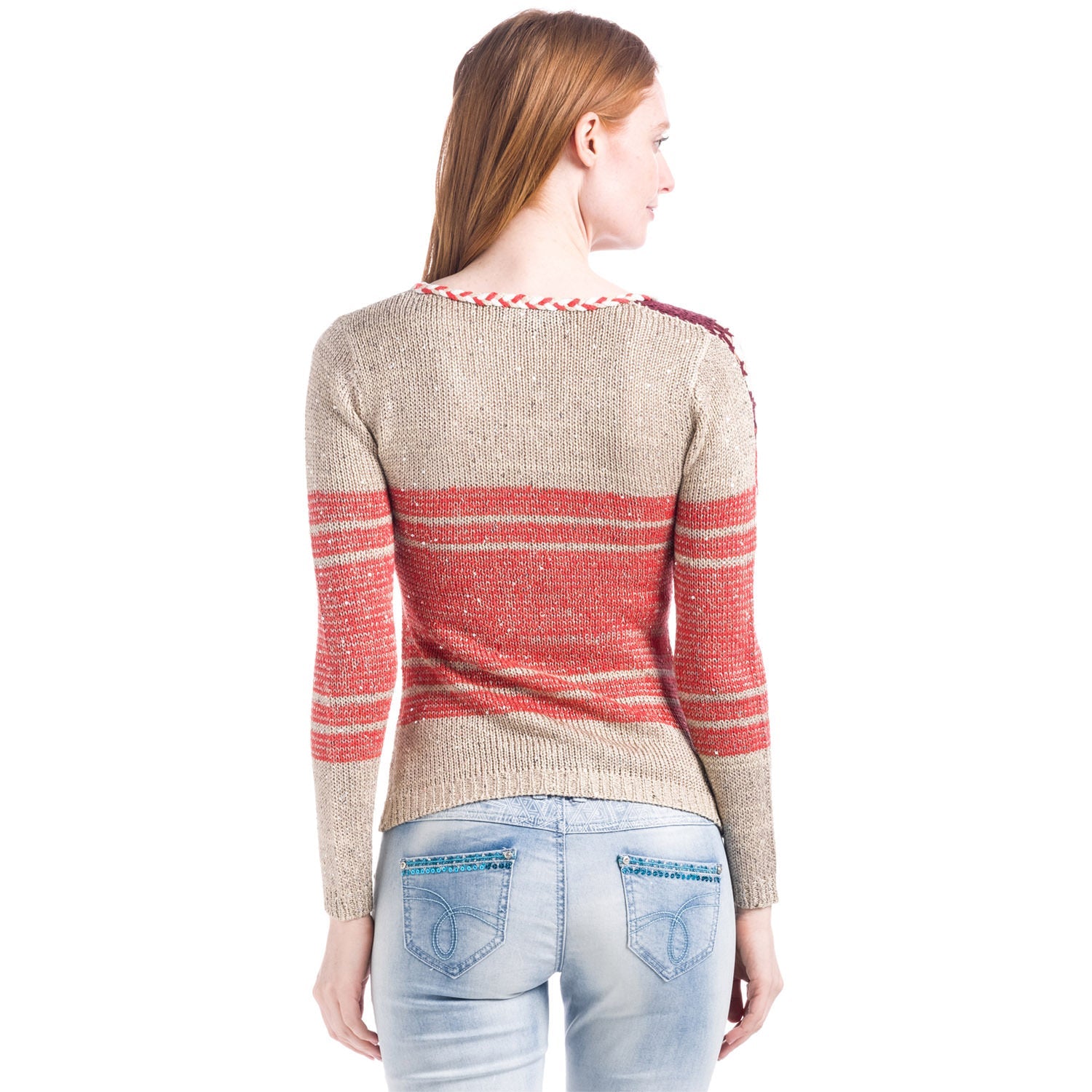 Jersey Tricot Fantasía Mujer con Crochet Floral y Lentejuelas – Koroshi Beige