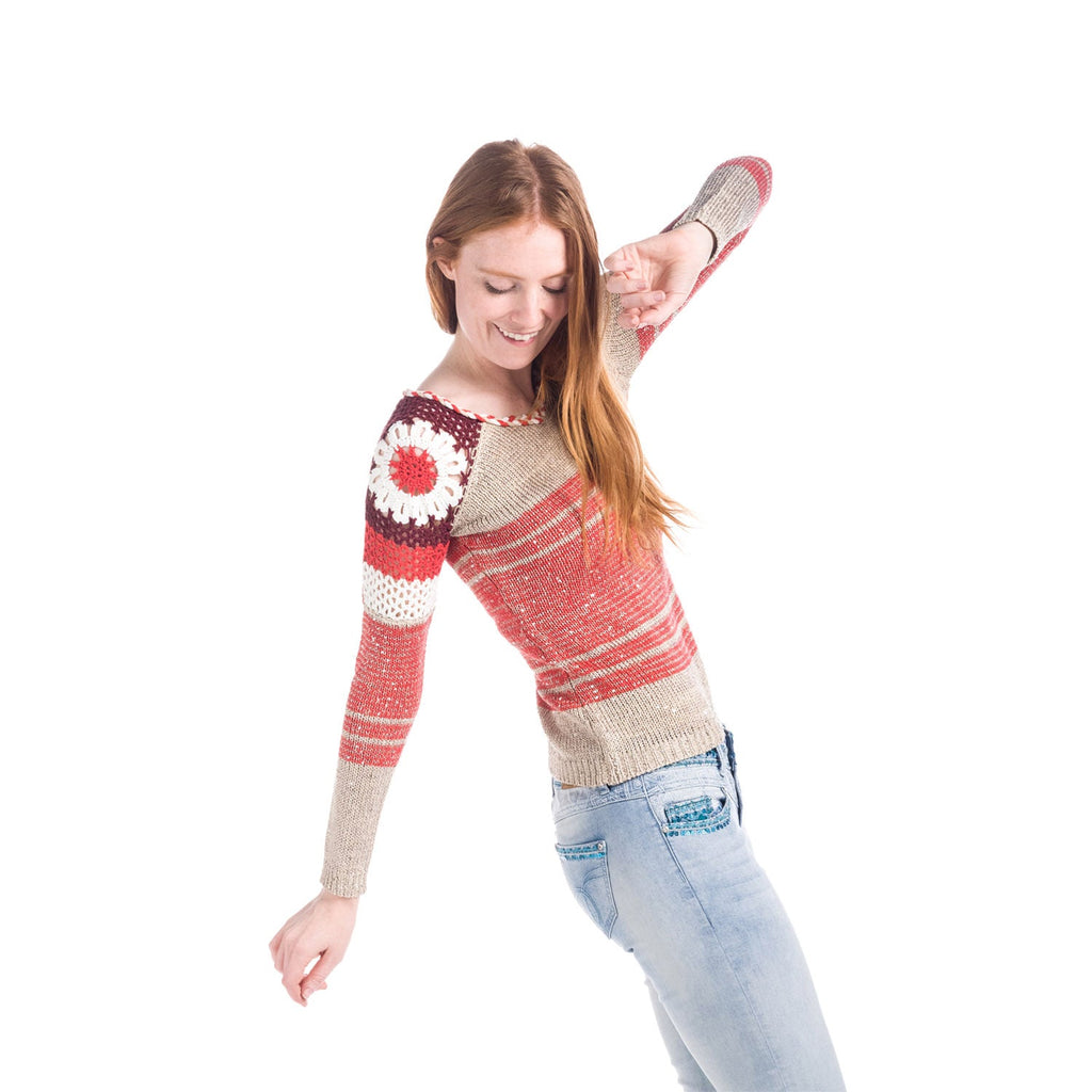 Jersey Tricot Fantasía Mujer con Crochet Floral y Lentejuelas – Koroshi Beige
